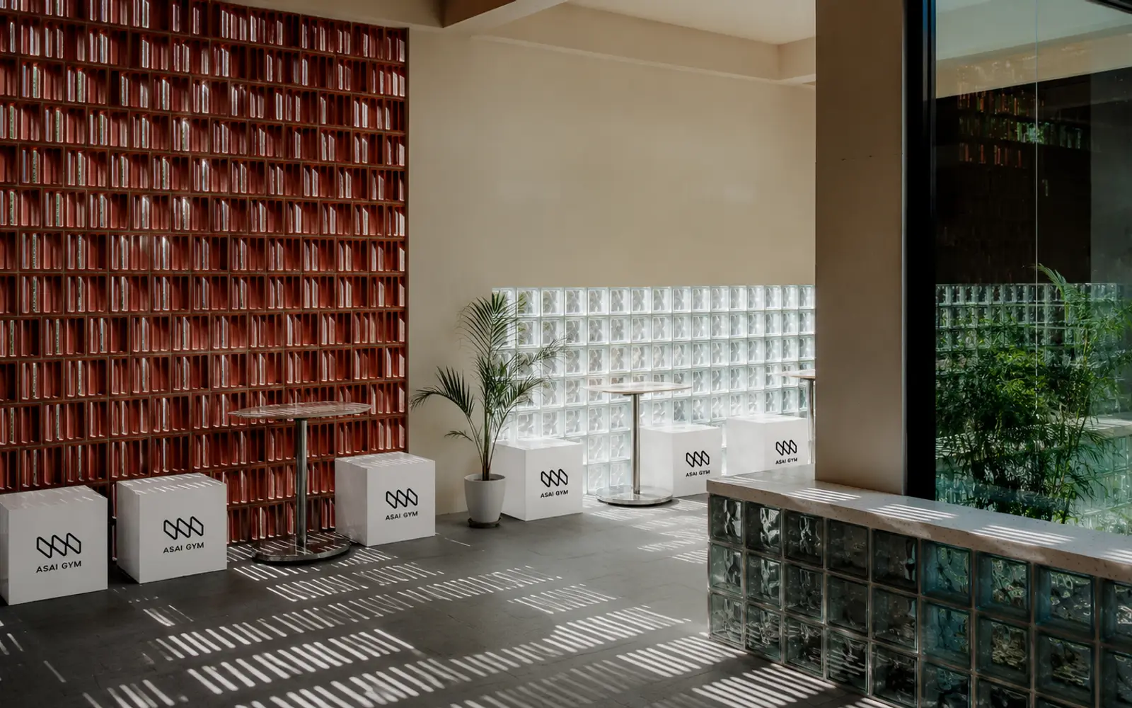 The ASAI GYM reception — terracotta screen wall, glass-block counter and plants